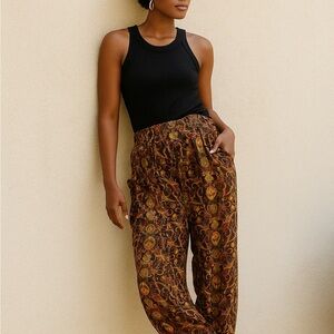 Osklen TAIS Gold & Brown patterned wide bohemian pocketed ankle Pants size Large
